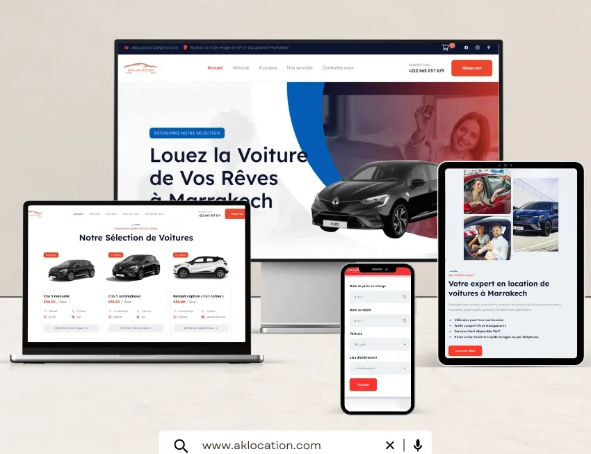 AK Location est une agence spécialisée dans la location de véhicules, proposant une gamme variée adaptée aux besoins des particuliers et des professionnels. L’entreprise souhaitait renforcer sa présence en ligne et améliorer la présentation de ses services.
