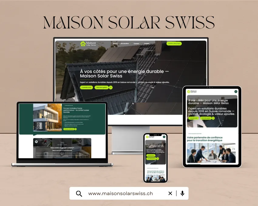 Le nouveau site web permet à Maison Solar Swiss de présenter ses solutions d’énergie solaire de manière claire et professionnelle. Cette présence digitale renforce la confiance des visiteurs et soutient le développement de l’entreprise sur le marché suisse.