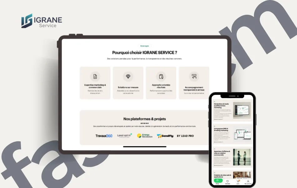 Création de la plateforme digitale Igrane Service par FastReem, dédiée à la génération de prospects qualifiés et au développement commercial des entreprises.